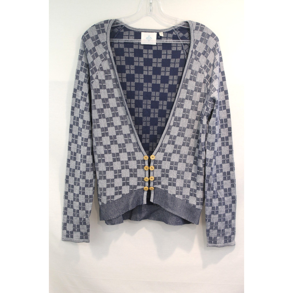 Anthropologie Sweater HWR Monogram Cardigan Womens M Blue Plaid Silk Blended